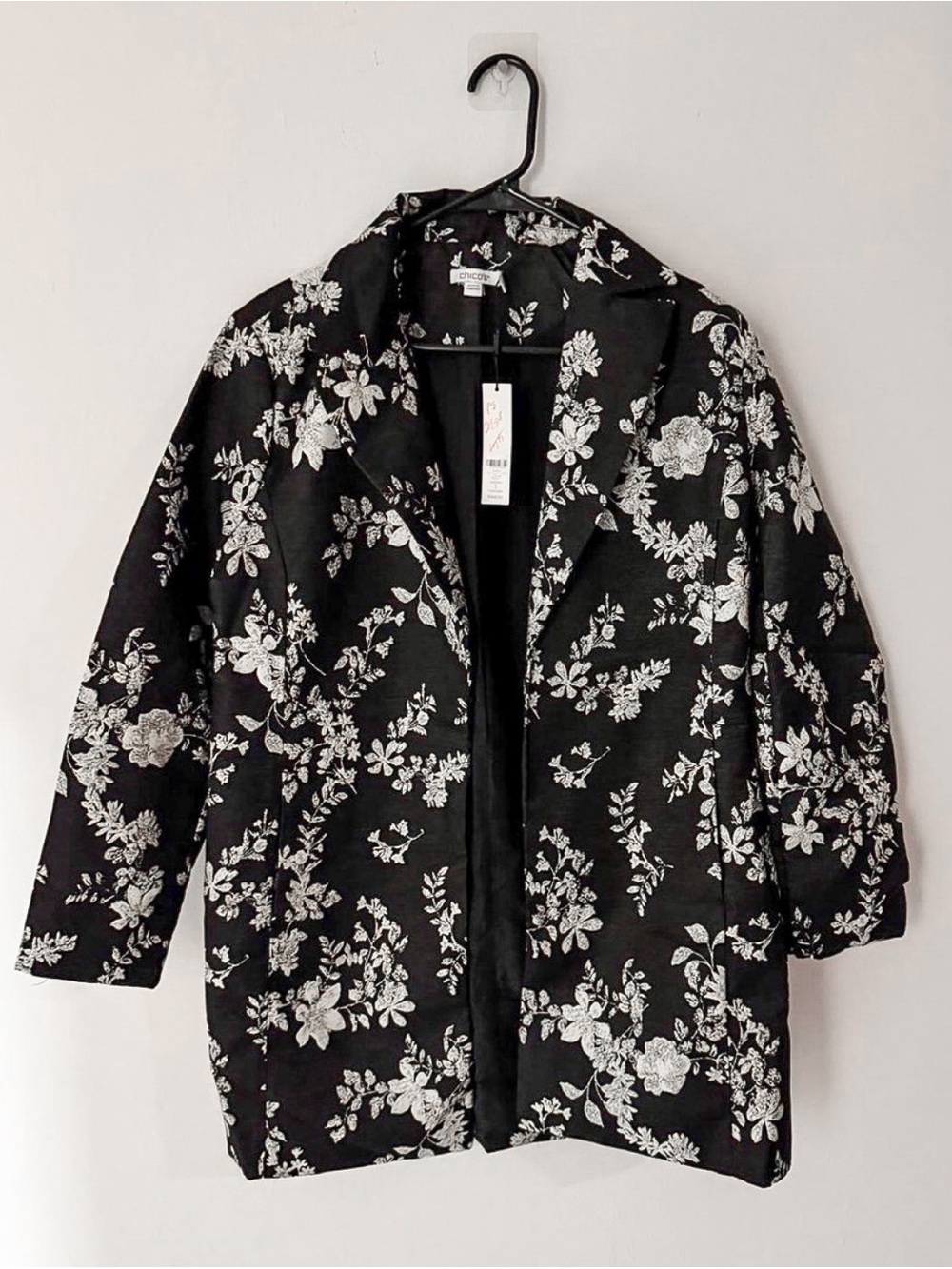 NWT Chicos Jacquard Overcoat Lightweight Collar Brocade